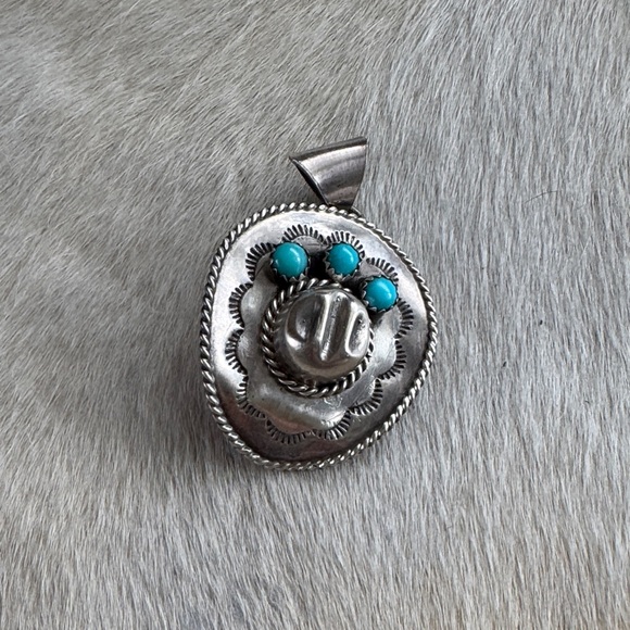 Jewelry - Navajo Bobby Platero Sterling Silver and Turquoise Cowboy Hat Pendant